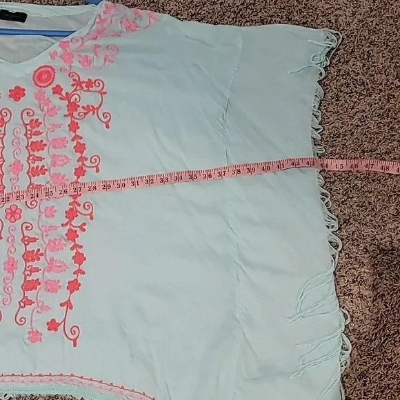 Embroidered Seafoam Swimsuit Coverup With Fringed Hem Pink And Coral One Size - Picture 9 of 10